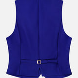 Back view of a cropped cobalt blue Zimmermann Clash Wool Silk Waistcoat featuring an adjustable back strap with a gold-toned metal buckle.