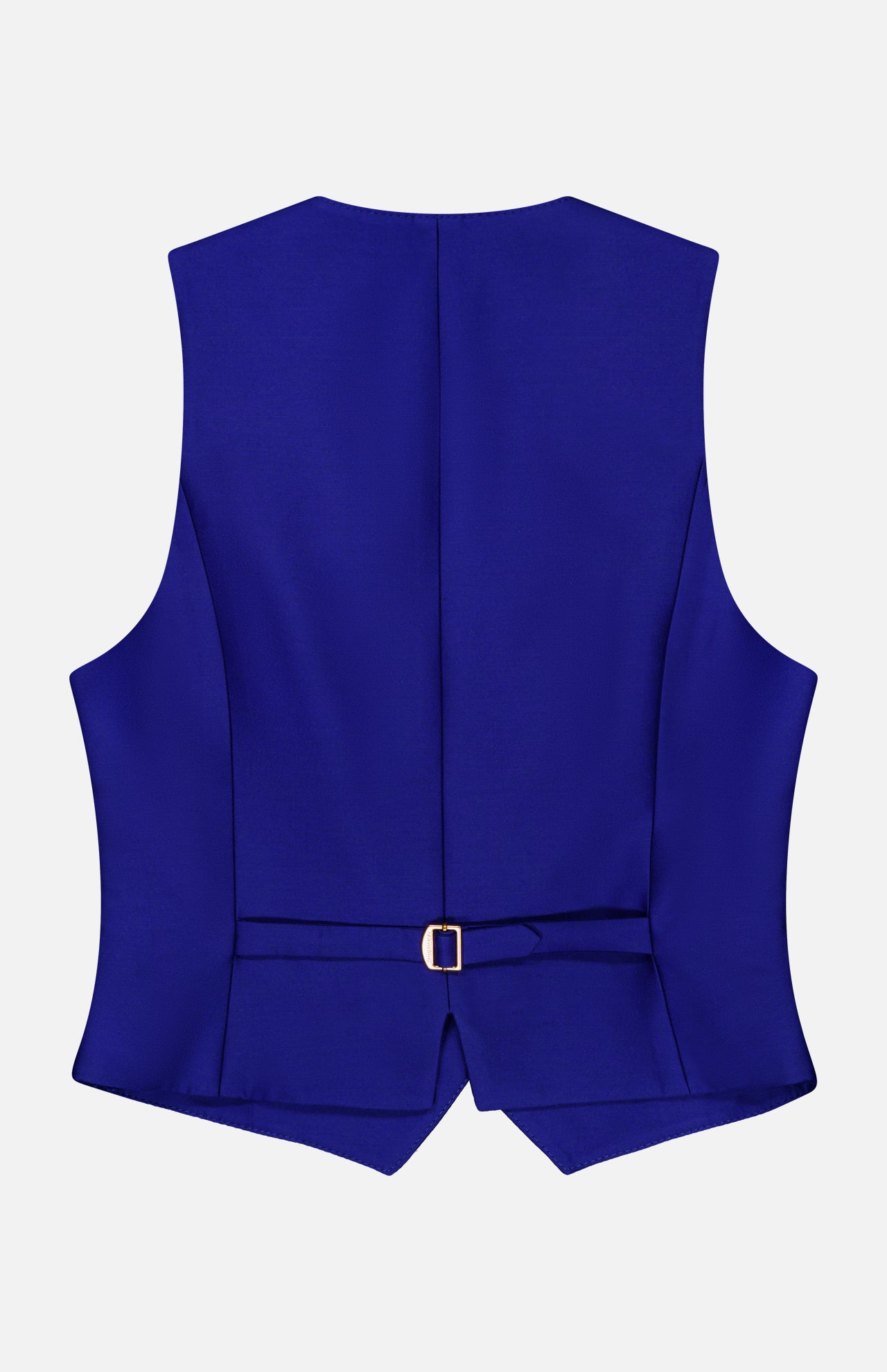 Back view of a cropped cobalt blue Zimmermann Clash Wool Silk Waistcoat featuring an adjustable back strap with a gold-toned metal buckle.