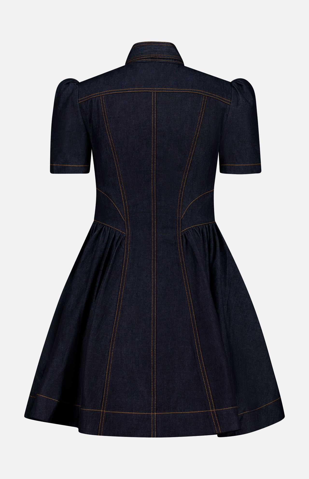 The ZIMMERMANN Denim Corset Mini Dress features a dark denim finish with short puffed sleeves, a fitted waist, and a flared skirt accentuated by visible brown stitching. The back view showcases detailed seams and corset-style structure, creating a tailored and sophisticated appearance.