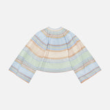 The ZIMMERMANN Indra Stripe Bell Sleeve Top is a pastel, semi-sheer top with horizontal blue, peach, green, and cream stripes, shown flat on a white background.