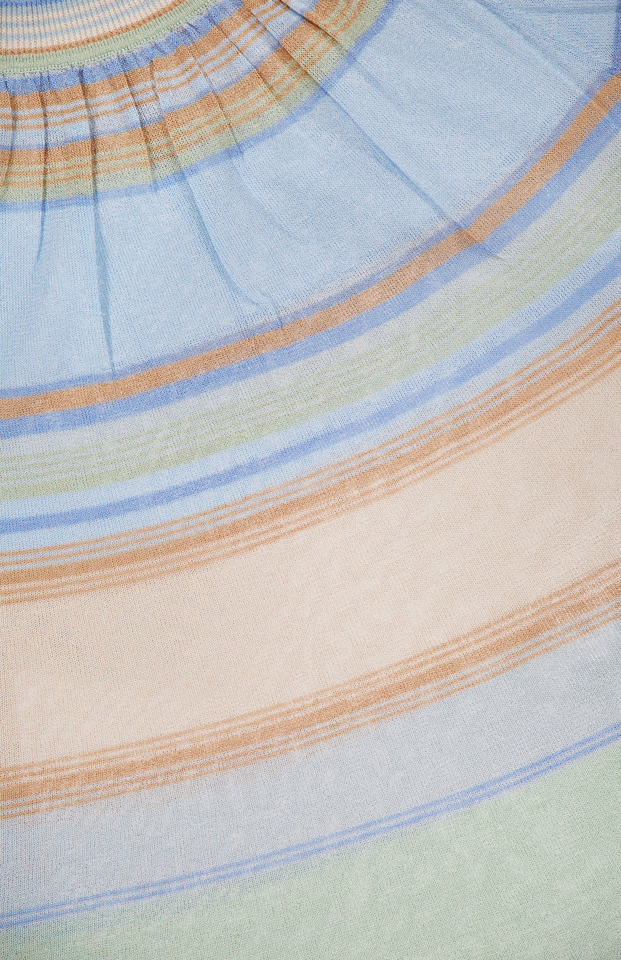 Close-up of the ZIMMERMANN Indra Stripe Bell Sleeve Top, featuring soft pastel blue, beige, green, and orange horizontal stripes. The weave and texture of this stylish fabric are highlighted in a curved stripe pattern.