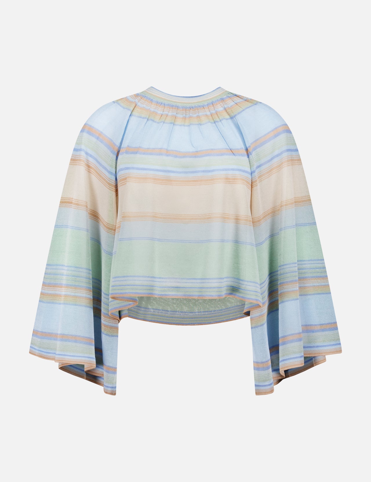 The ZIMMERMANN Indra Stripe Bell Sleeve Top is a cropped, flowy pastel top with wide bell sleeves and blue, green, and tan horizontal stripes, shown against a plain white background.