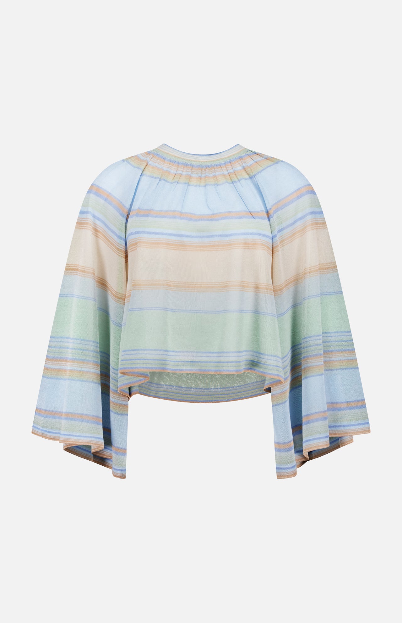 The ZIMMERMANN Indra Stripe Bell Sleeve Top is a cropped, flowy pastel top with wide bell sleeves and blue, green, and tan horizontal stripes, shown against a plain white background.