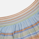 Close-up of the ZIMMERMANN Indra Stripe Circle Skirt, featuring a ribbed elastic waistband and horizontal pastel stripes in blue, tan, green, and orange on a light background.