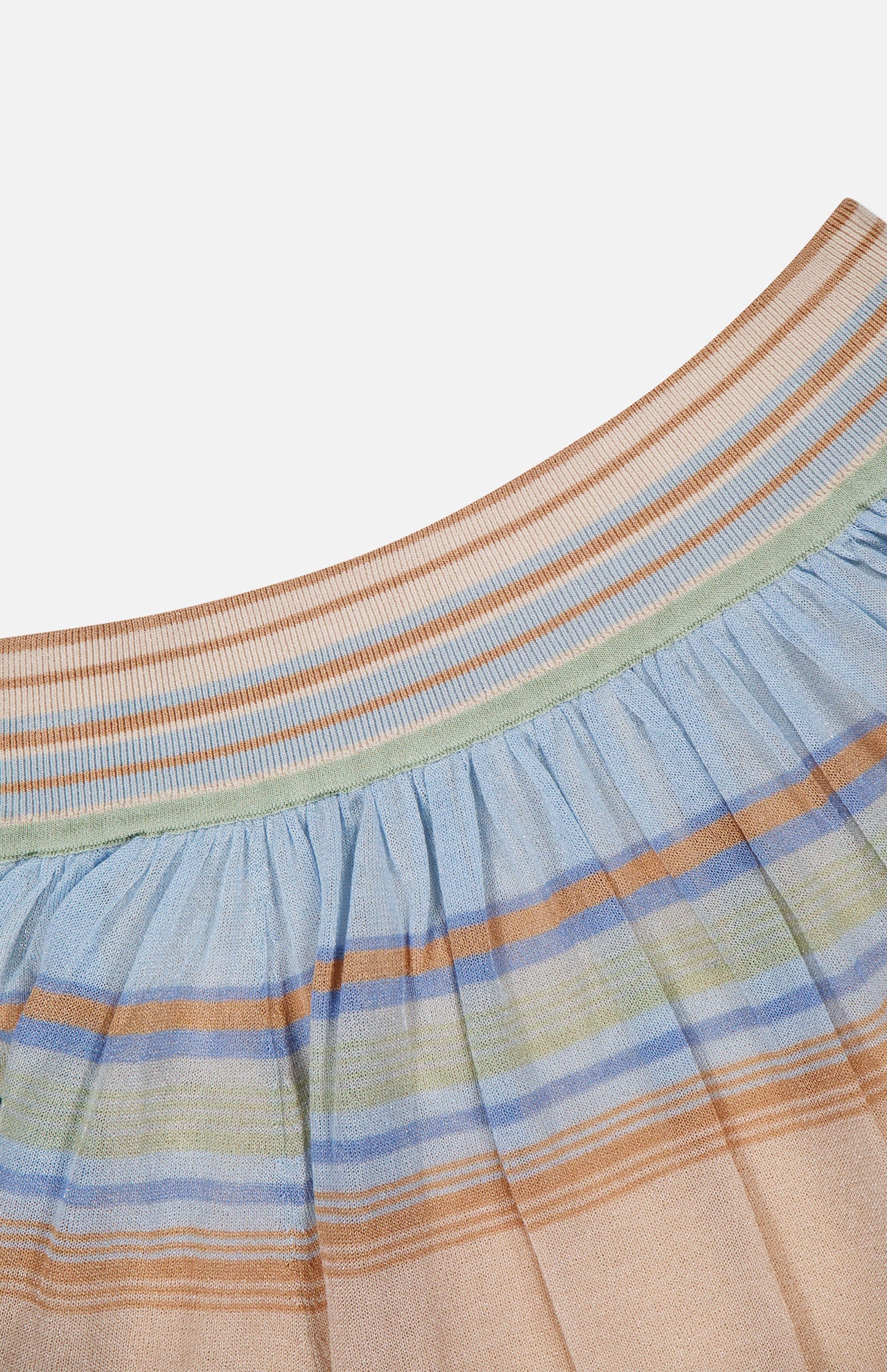 Close-up of the ZIMMERMANN Indra Stripe Circle Skirt, featuring a ribbed elastic waistband and horizontal pastel stripes in blue, tan, green, and orange on a light background.
