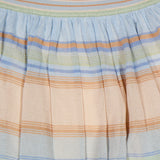The ZIMMERMANN Indra Stripe Circle Skirt is a pastel maxi with peach, blue, and green horizontal stripes. It features pleats and a ribbed elastic waistband with closely spaced colored lines for comfort and style.