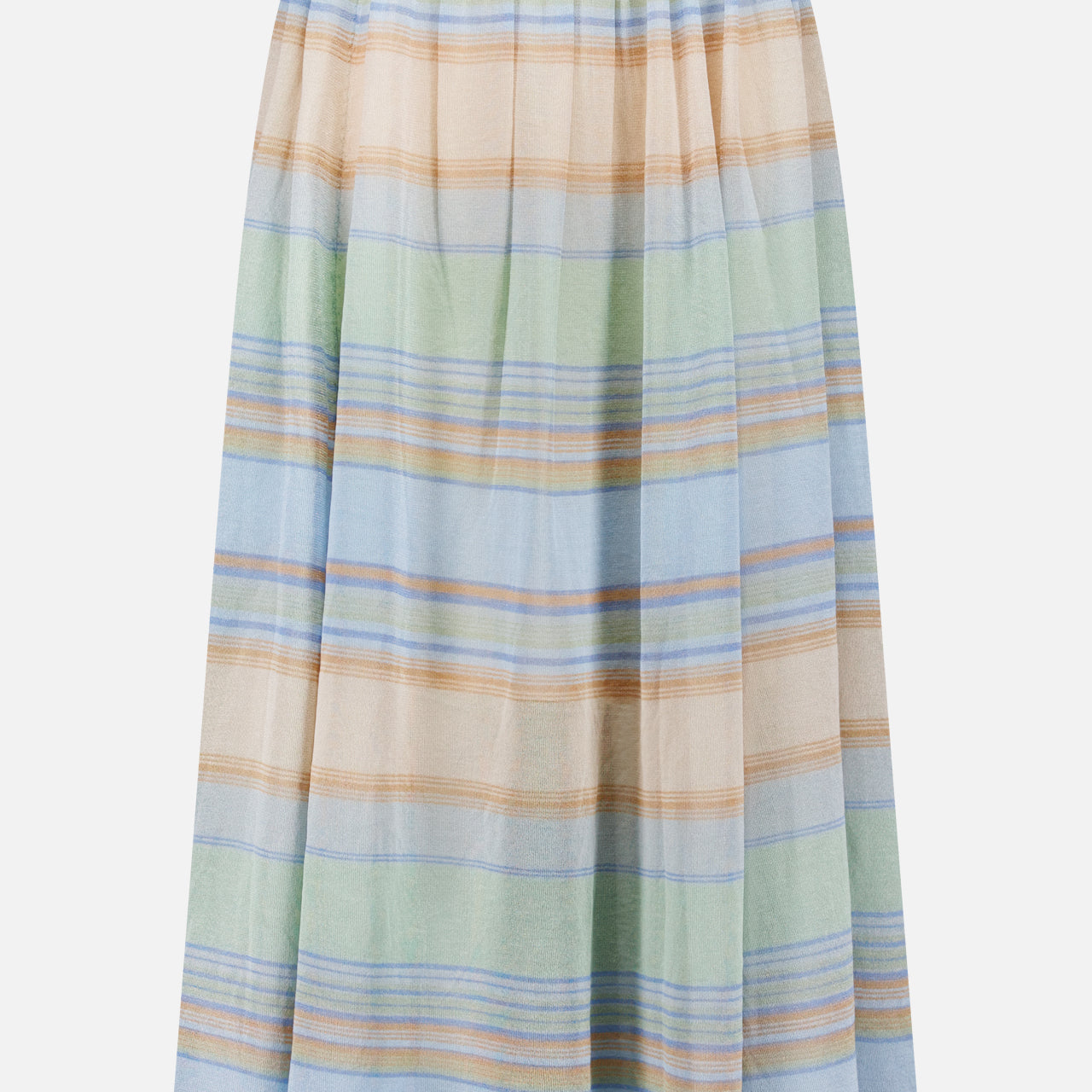 The ZIMMERMANN Indra Stripe Circle Skirt is a knee-length skirt with an elastic waistband and gathered design, showcasing pastel blue, green, beige, and peach horizontal stripes on a light background.