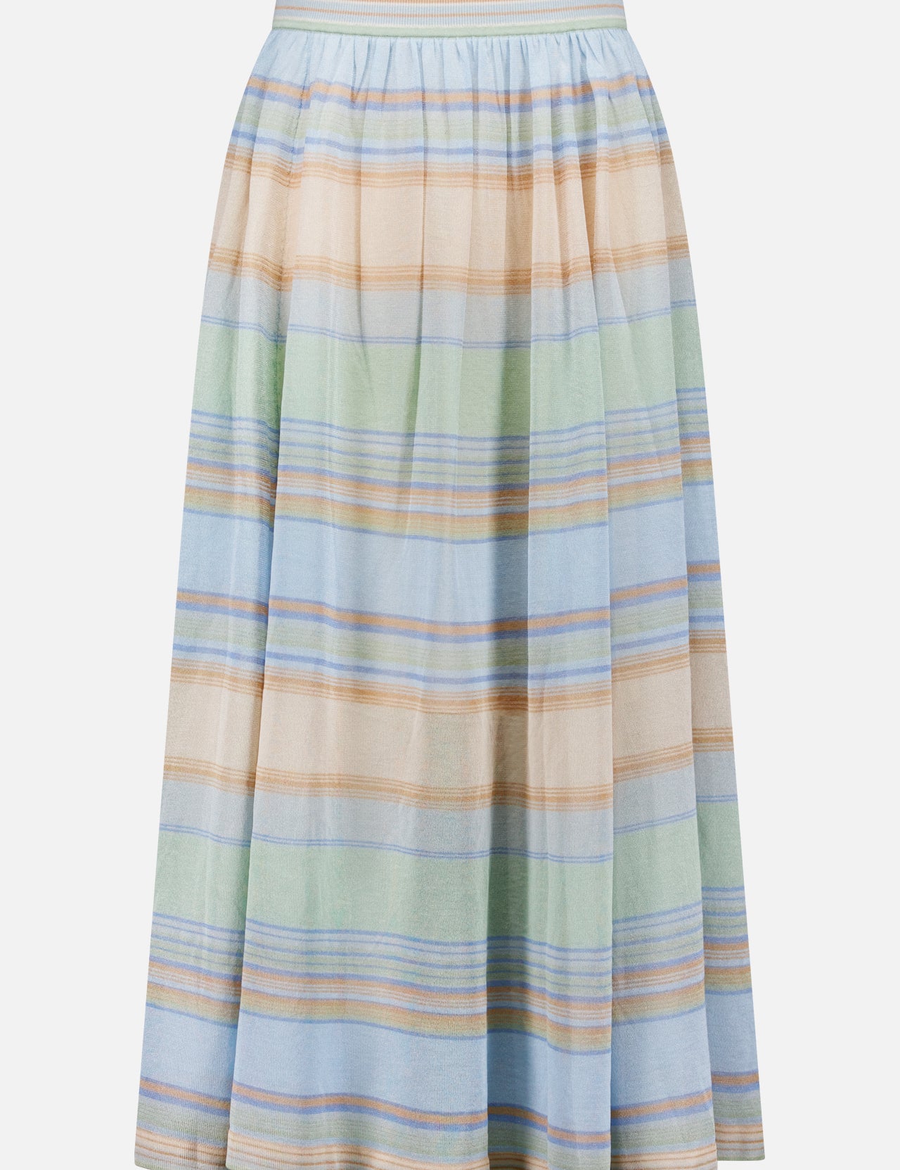 The ZIMMERMANN Indra Stripe Circle Skirt is a knee-length skirt with an elastic waistband and gathered design, showcasing pastel blue, green, beige, and peach horizontal stripes on a light background.
