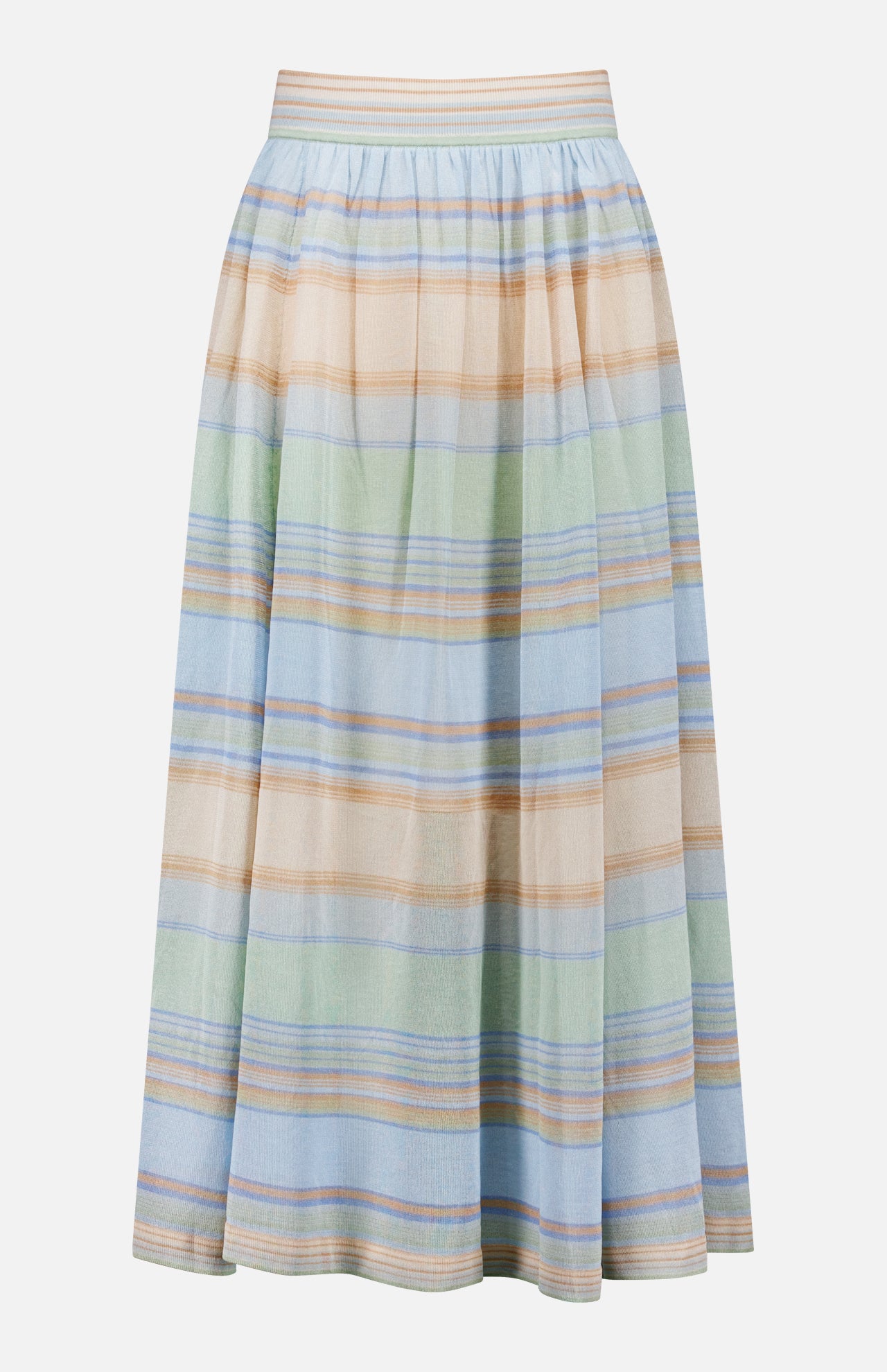 The ZIMMERMANN Indra Stripe Circle Skirt is a knee-length skirt with an elastic waistband and gathered design, showcasing pastel blue, green, beige, and peach horizontal stripes on a light background.