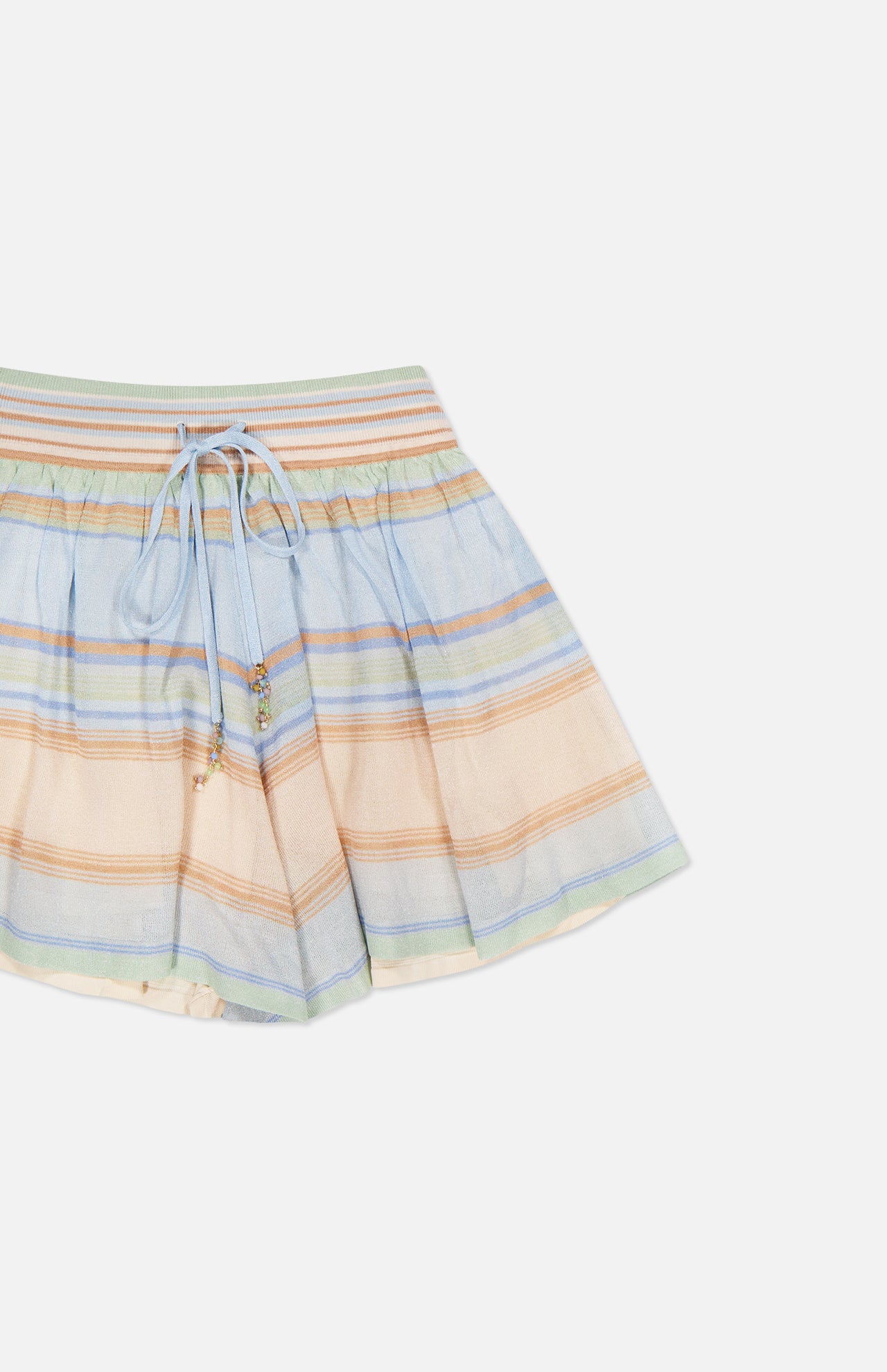 The Indra Stripe Drawstring Short by ZIMMERMANN features pastel blue, orange, green, and beige stripes on lightweight fabric. It has a mid rise, jeweled front drawstring waist, and a flared hem with decorative beads.