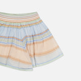 The ZIMMERMANN Indra Stripe Drawstring Short features horizontal blue, orange, and green stripes on lightweight fabric with a drawstring waist for comfort.
