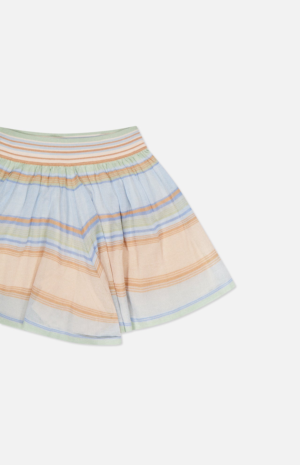 The ZIMMERMANN Indra Stripe Drawstring Short features horizontal blue, orange, and green stripes on lightweight fabric with a drawstring waist for comfort.