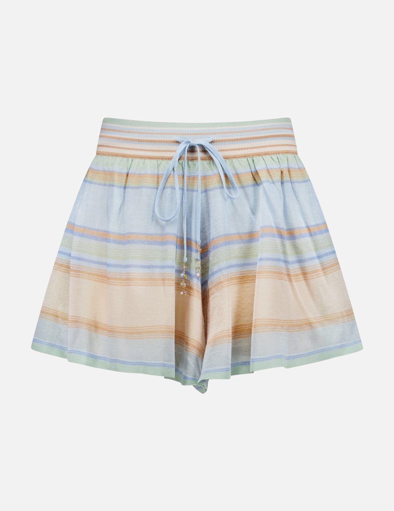 The Indra Stripe Drawstring Short by ZIMMERMANN features a mid-rise, relaxed fit with blue, peach, and tan horizontal stripes and a jeweled drawstring waistband. The light, flowy shorts are shown against a plain white background.