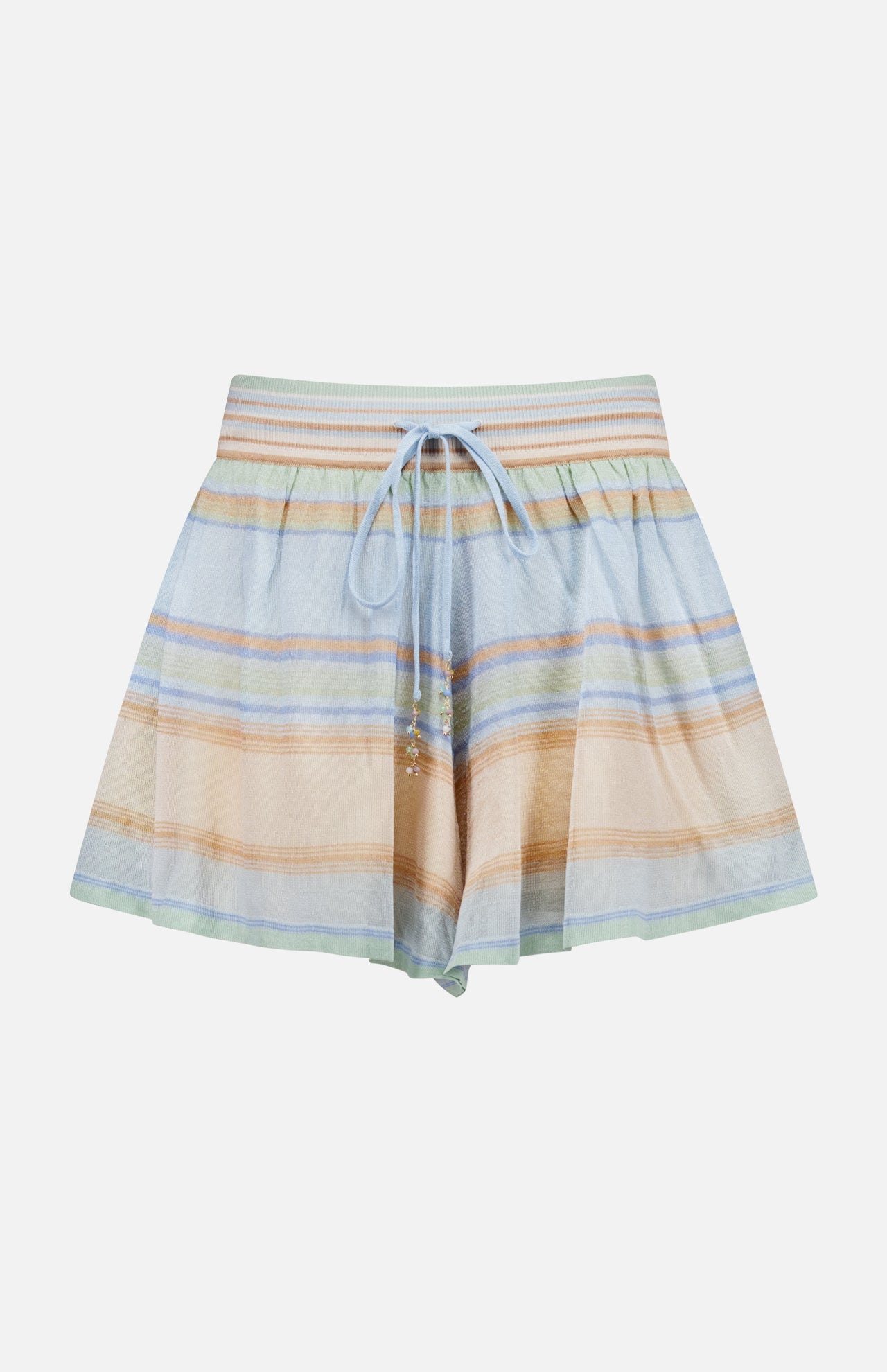 The Indra Stripe Drawstring Short by ZIMMERMANN features a mid-rise, relaxed fit with blue, peach, and tan horizontal stripes and a jeweled drawstring waistband. The light, flowy shorts are shown against a plain white background.