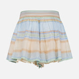 The Indra Stripe Drawstring Short by ZIMMERMANN features a mid-rise flared fit, jeweled drawstring waist, and pastel horizontal stripes in blue, green, and beige, shown against a white background.