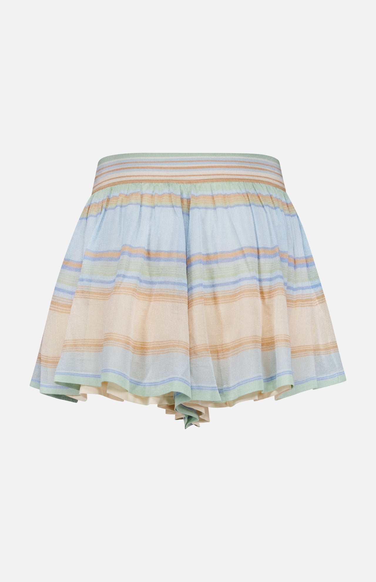 The Indra Stripe Drawstring Short by ZIMMERMANN features a mid-rise flared fit, jeweled drawstring waist, and pastel horizontal stripes in blue, green, and beige, shown against a white background.