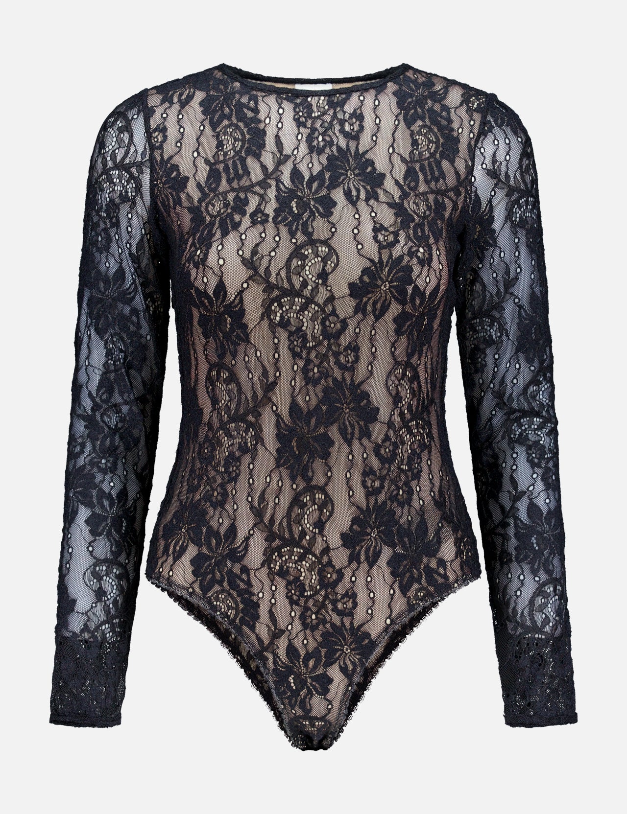 The ZIMMERMANN Stretch Lace Bodysuit features a black long-sleeve design crafted from sheer stretch lace with delicate floral patterns, a round neckline, and a fitted silhouette, showcased against a plain white background.