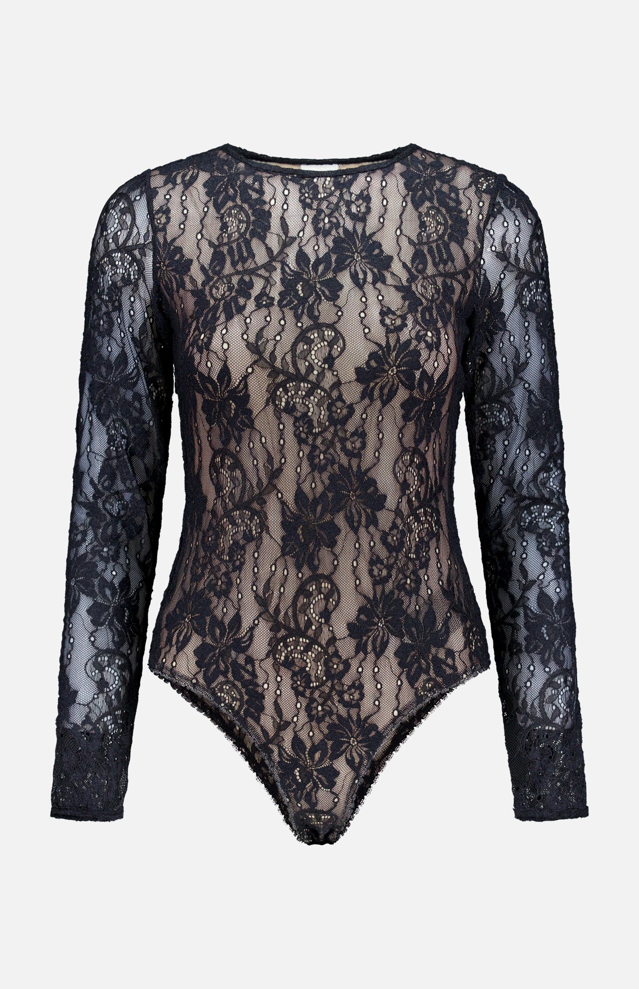 The ZIMMERMANN Stretch Lace Bodysuit features a black long-sleeve design crafted from sheer stretch lace with delicate floral patterns, a round neckline, and a fitted silhouette, showcased against a plain white background.