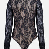 ZIMMERMANN Stretch Lace Bodysuit in black, featuring long sleeves and delicate floral patterns in sheer stretch lace, displayed on a neutral background with a view of the back.