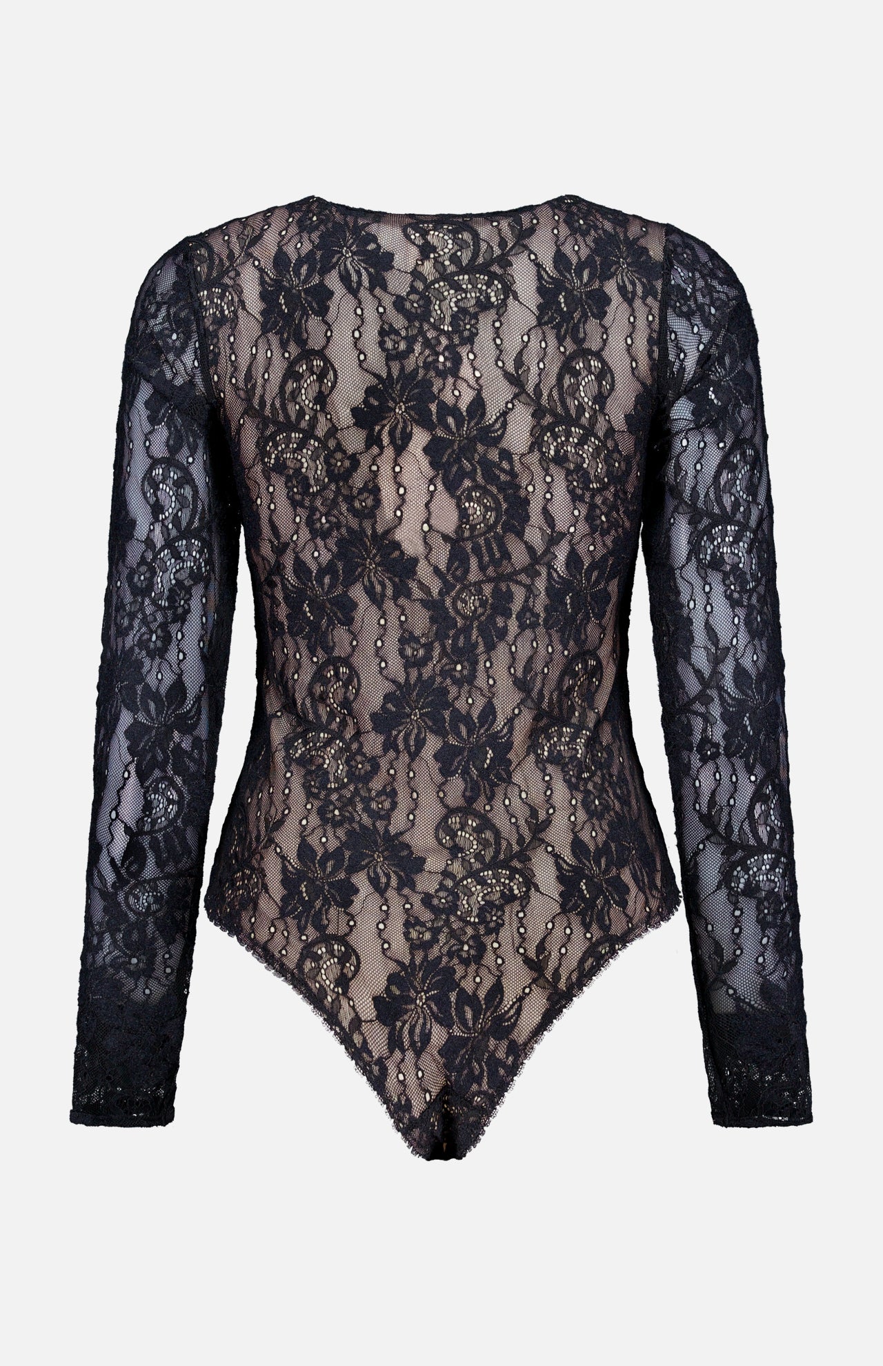 ZIMMERMANN Stretch Lace Bodysuit in black, featuring long sleeves and delicate floral patterns in sheer stretch lace, displayed on a neutral background with a view of the back.