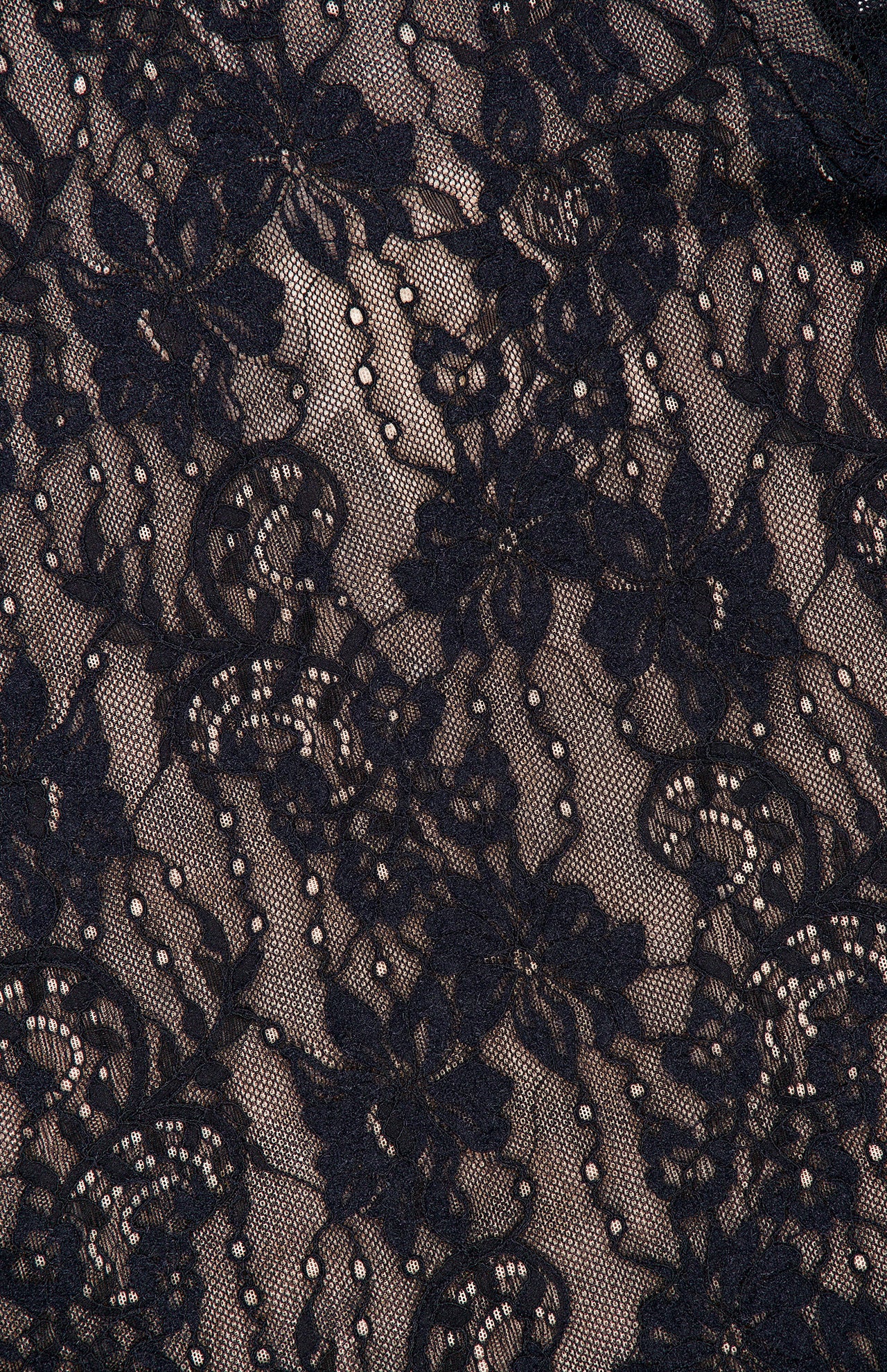Close-up of the ZIMMERMANN Stretch Lace Bodysuit in black, showcasing an intricate floral pattern over a light beige mesh lining. The delicate stretch lace fabric features flowers and leaves accented by fine mesh and small dot details, highlighting the elegant beauty of this bodysuit.