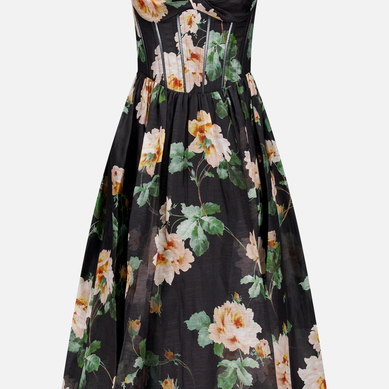 The ZIMMERMANN Luna Corset Midi Dress features a black flared skirt, thin straps, a sweetheart neckline, and corset bodice with bold white and peach floral prints and green leaves.