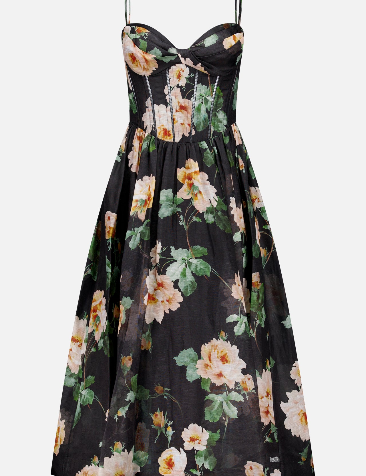 The ZIMMERMANN Luna Corset Midi Dress features a black flared skirt, thin straps, a sweetheart neckline, and corset bodice with bold white and peach floral prints and green leaves.