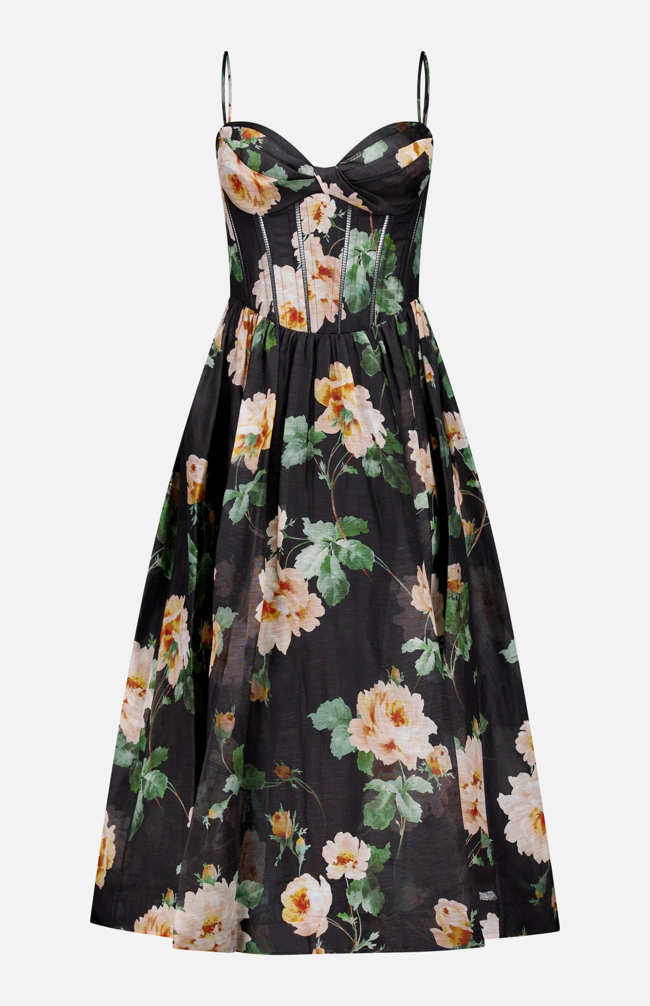 The ZIMMERMANN Luna Corset Midi Dress features a black flared skirt, thin straps, a sweetheart neckline, and corset bodice with bold white and peach floral prints and green leaves.