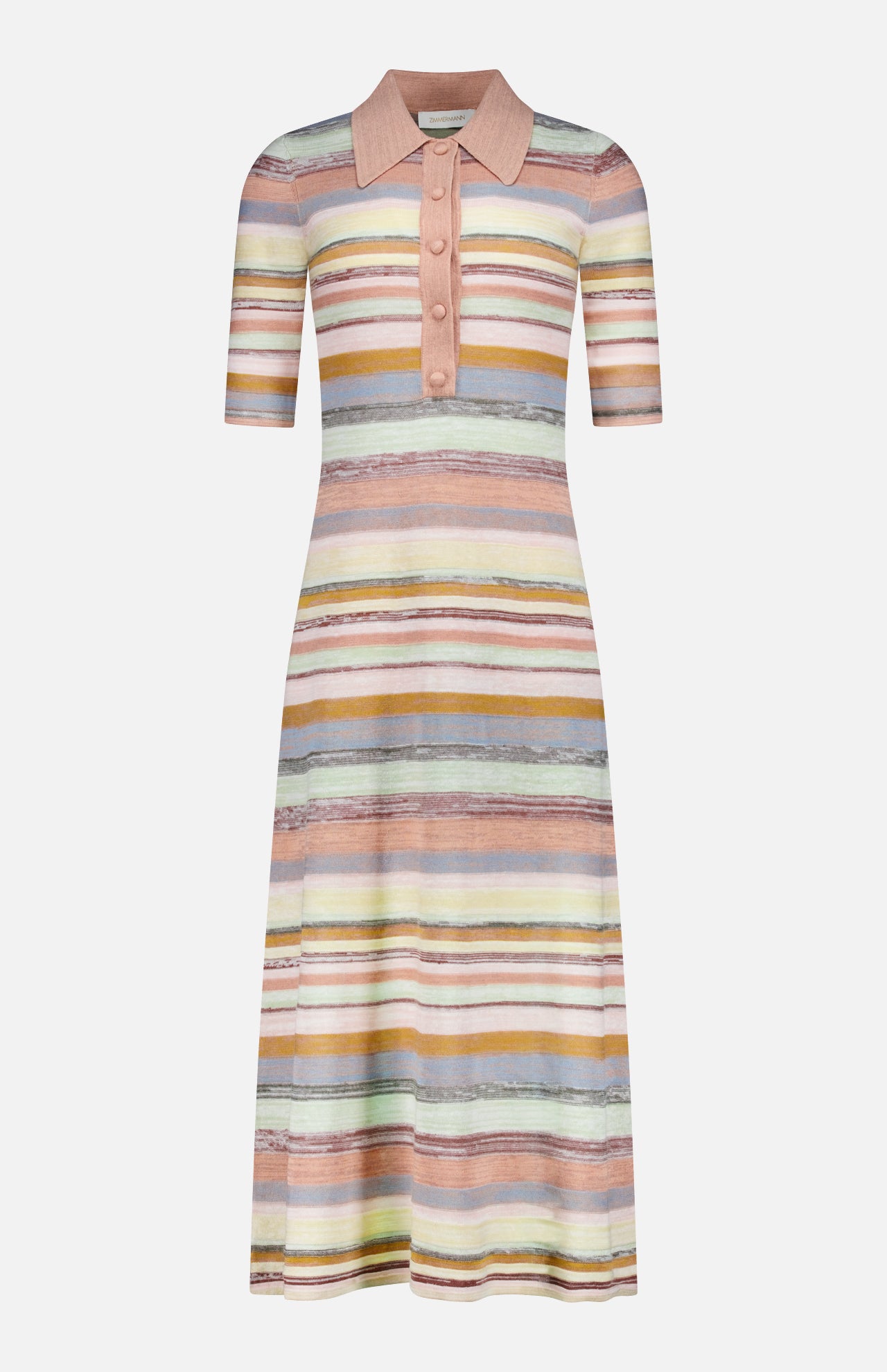 The Luna Mouline Polo Midi Dress by ZIMMERMANN is a short-sleeved cotton-linen blend dress with a collar, button placket, and pastel pink, yellow, blue, and beige stripes. Displayed on a plain white background.