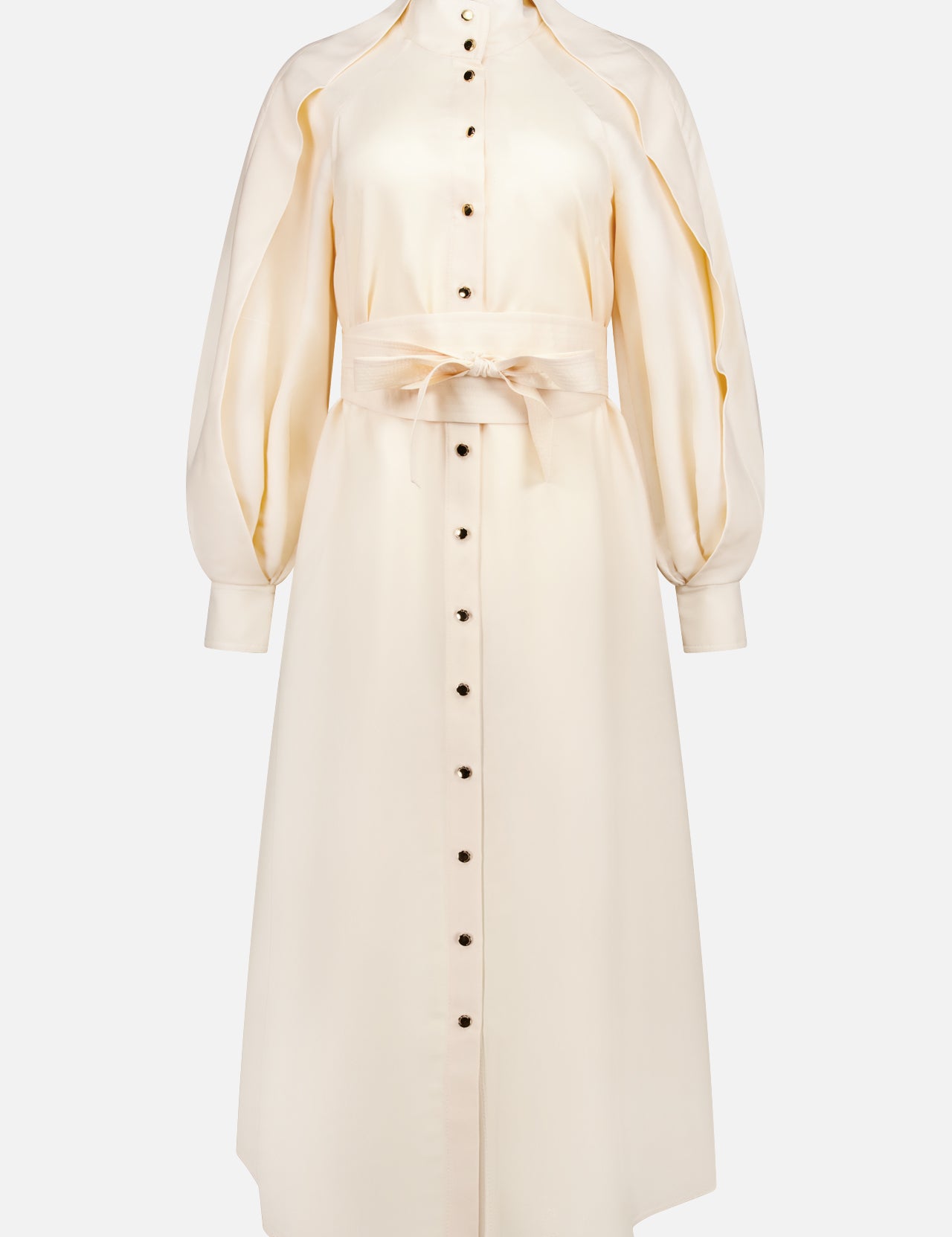 The Luna Obi Silk Midi Dress by ZIMMERMANN is a cream satin midi with a high collar, black front buttons, voluminous long sleeves, matching fabric belt, and an elegant tailored silhouette with a soft sheen.
