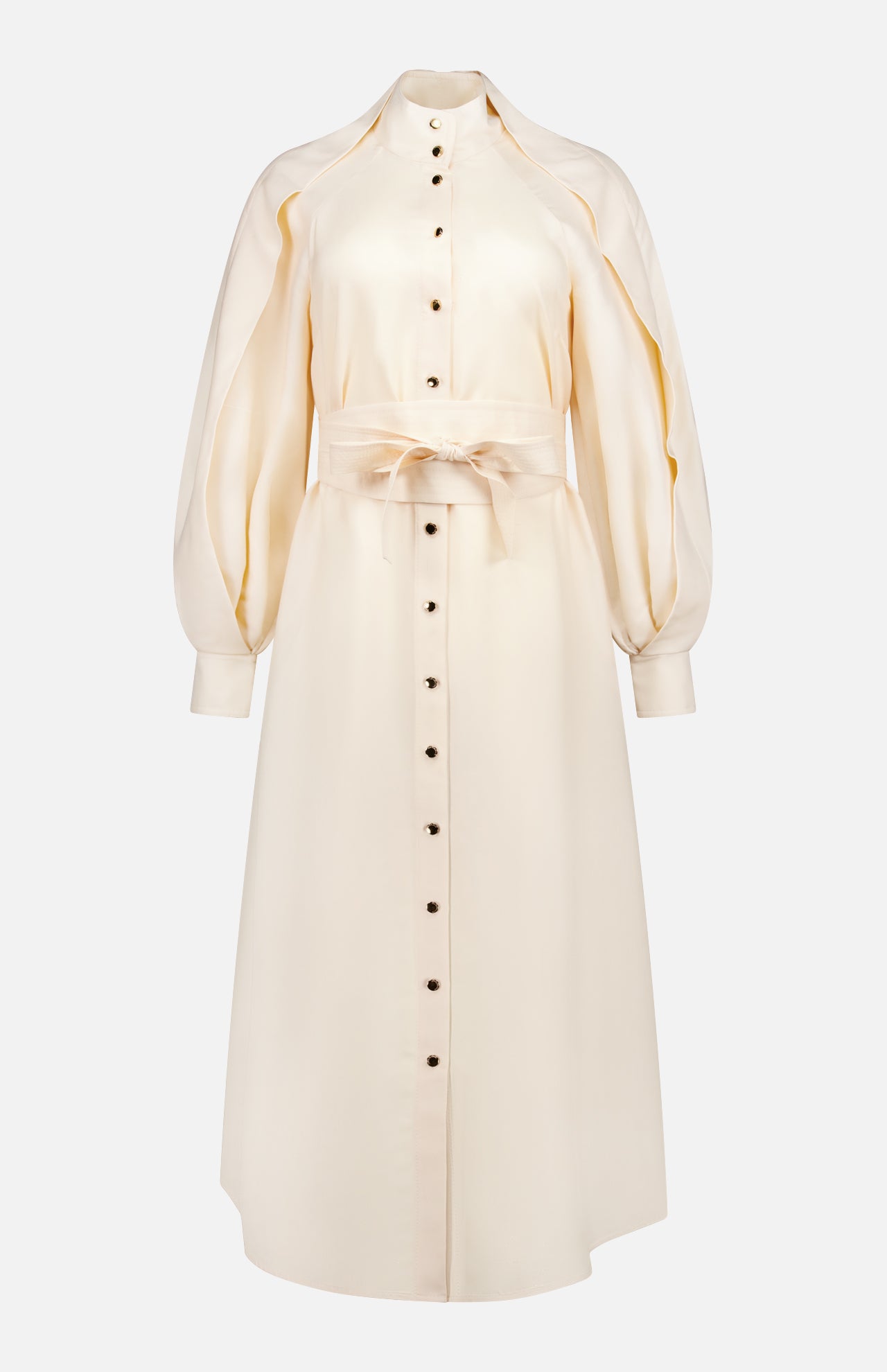 The Luna Obi Silk Midi Dress by ZIMMERMANN is a cream satin midi with a high collar, black front buttons, voluminous long sleeves, matching fabric belt, and an elegant tailored silhouette with a soft sheen.