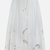 The ZIMMERMANN Mahon Embroidered Midi Skirt features an elastic waistband, drawstring ties, and a leafy cut-out hem. This ivory cotton skirt is lightweight, slightly sheer, and ideal for summer.