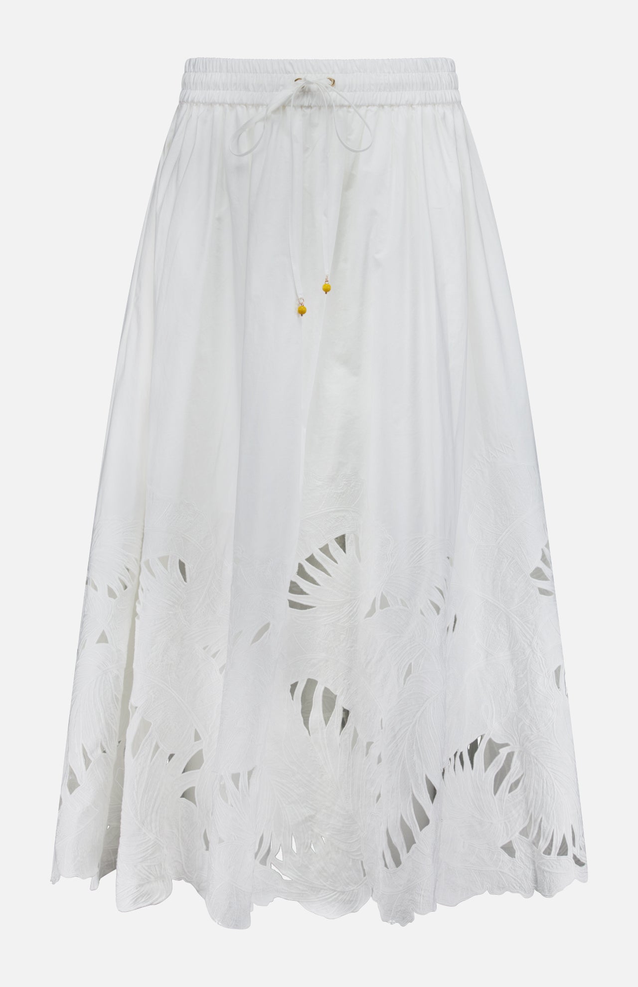 The ZIMMERMANN Mahon Embroidered Midi Skirt features an elastic waistband, drawstring ties, and a leafy cut-out hem. This ivory cotton skirt is lightweight, slightly sheer, and ideal for summer.