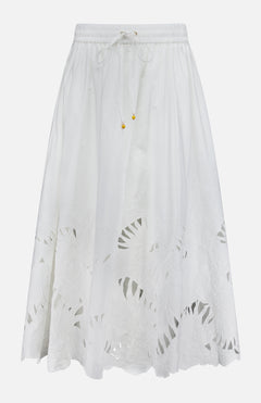 The ZIMMERMANN Mahon Embroidered Midi Skirt features an elastic waistband, drawstring ties, and a leafy cut-out hem. This ivory cotton skirt is lightweight, slightly sheer, and ideal for summer.