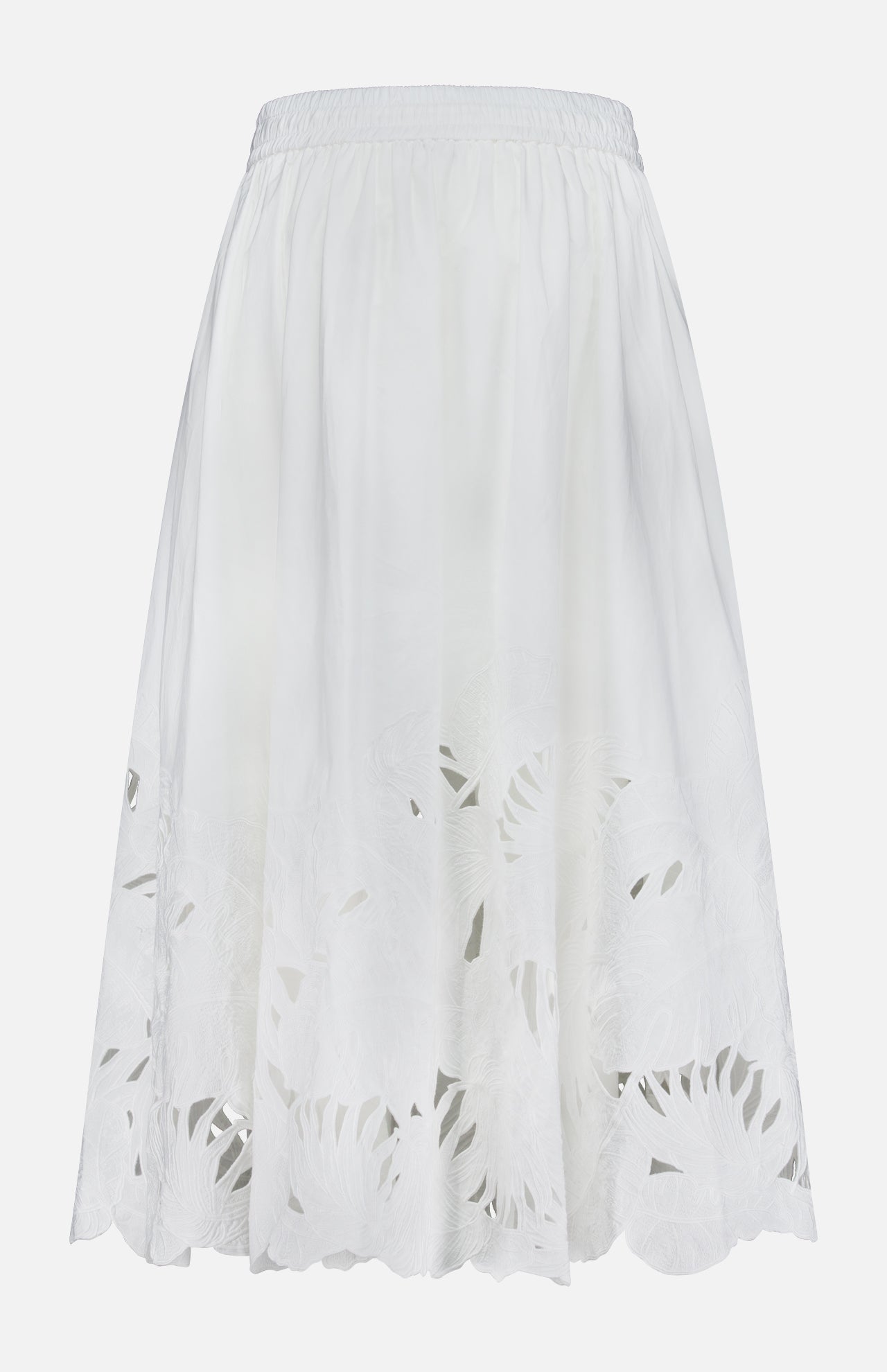 The Mahon Embroidered Midi Skirt by ZIMMERMANN features a fitted elastic waistband, delicate floral cutout embroidery at the hem, and a scalloped edge, creating a light, flowy cotton skirt perfect for summer.