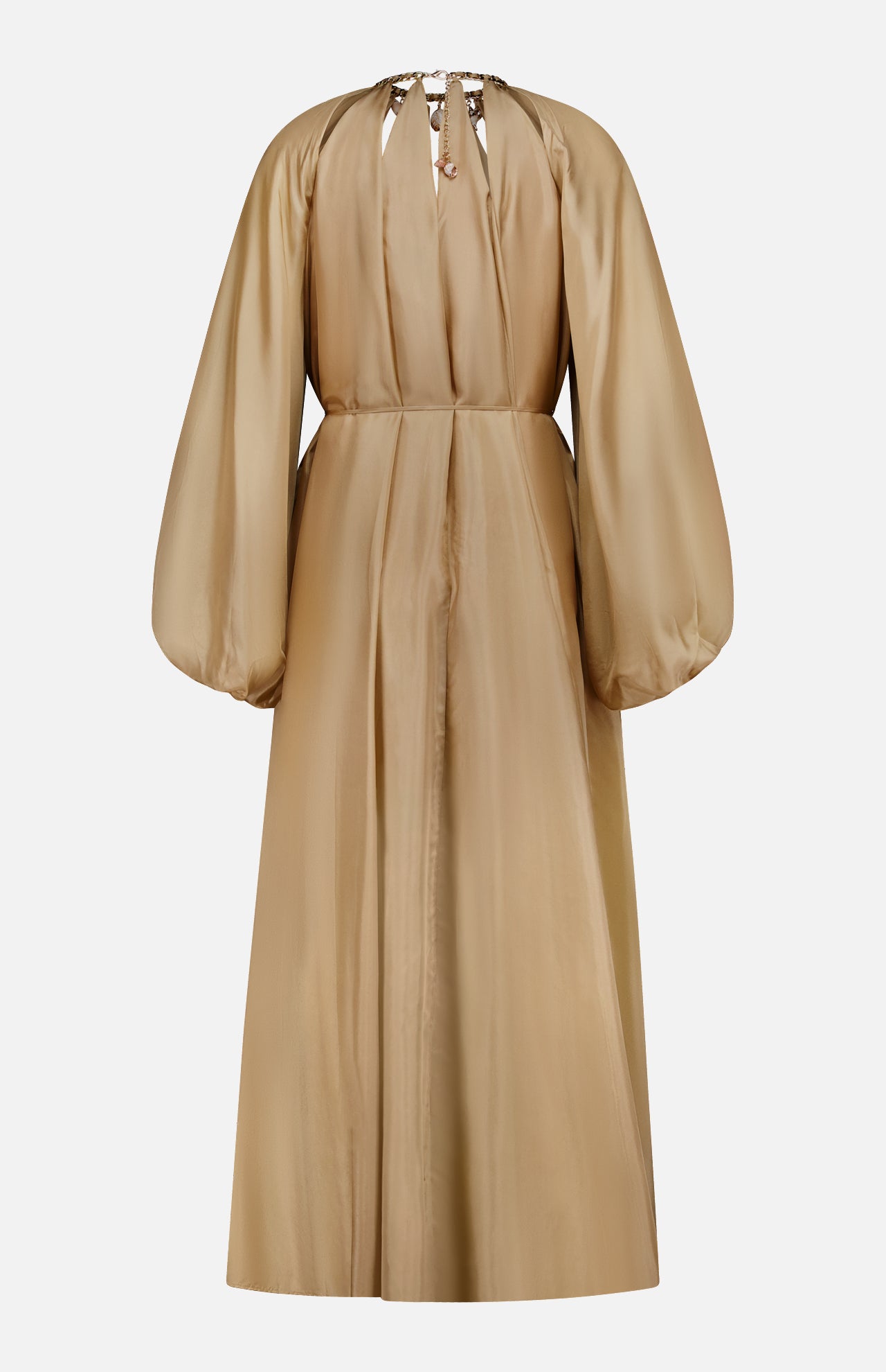 The ZIMMERMANN Mahon Shell Charms Maxi Dress is a long, champagne gown with voluminous puffed sleeves, a high neckline, keyhole back, and delicate seashell charms, shown on a plain white background.