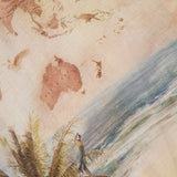 An illustrated map of Australia and nearby regions sits above an ocean scene with a parrot on a palm tree—capturing the spirit of ZIMMERMANN's Mahon Seashell Charm Picnic Dress for your next stylish adventure.