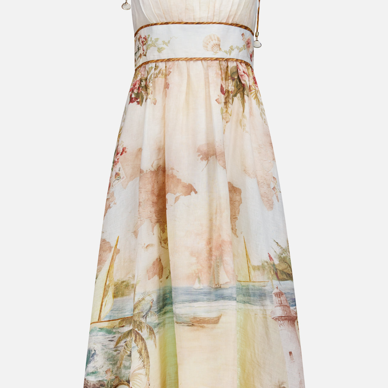 The ZIMMERMANN Mahon Seashell Charm Picnic Dress is a sleeveless, flowy linen midi with thin shoulder ties, a fitted bodice, and sailboat-floral print—ideal for chic picnics or dreamy destination weddings.