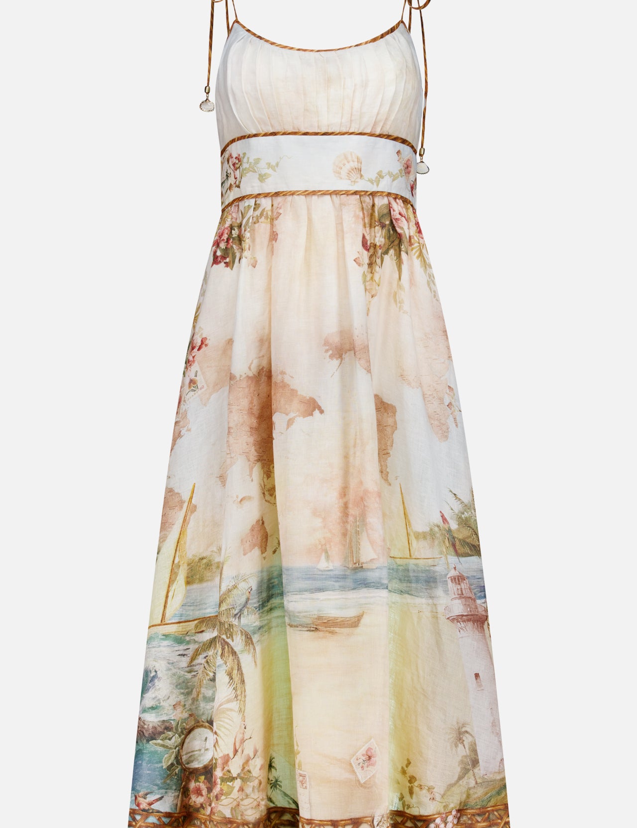 The ZIMMERMANN Mahon Seashell Charm Picnic Dress is a sleeveless, flowy linen midi with thin shoulder ties, a fitted bodice, and sailboat-floral print—ideal for chic picnics or dreamy destination weddings.