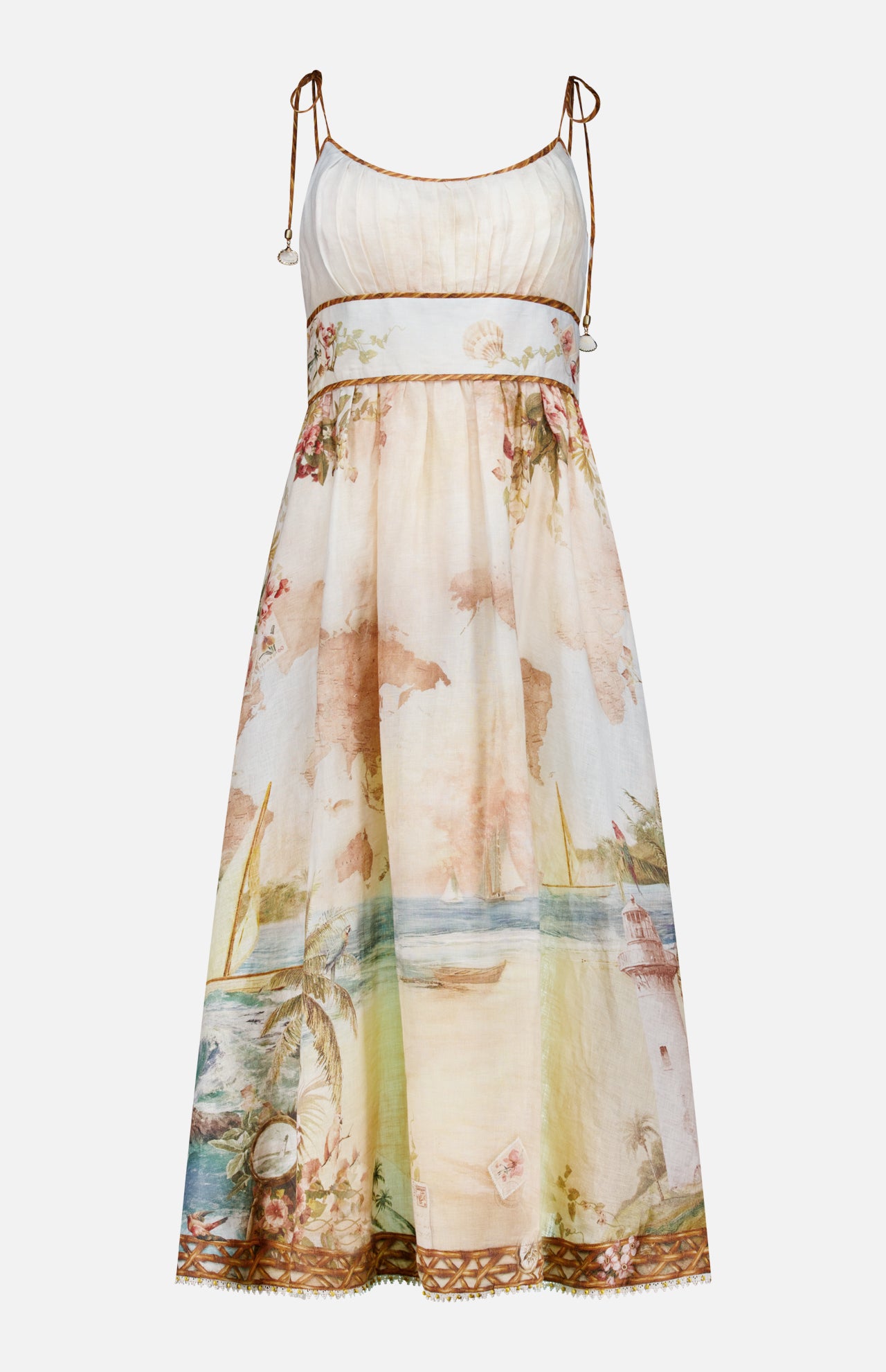 The ZIMMERMANN Mahon Seashell Charm Picnic Dress is a sleeveless, flowy linen midi with thin shoulder ties, a fitted bodice, and sailboat-floral print—ideal for chic picnics or dreamy destination weddings.