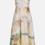 The ZIMMERMANN Mahon Seashell Charm Picnic Dress is a sleeveless, ankle-length dress with thin straps and a fitted bodice, featuring a pastel world map and tropical landscape print with palm trees and ocean scenes.