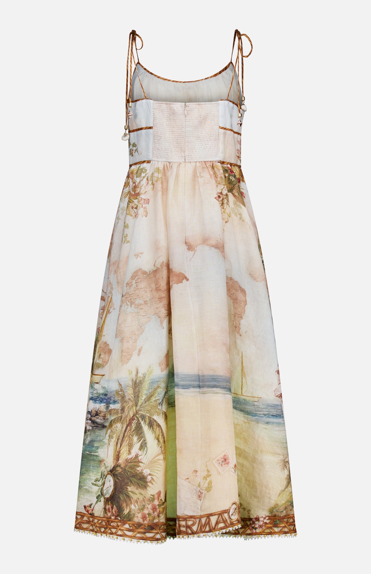 The ZIMMERMANN Mahon Seashell Charm Picnic Dress is a sleeveless, ankle-length dress with thin straps and a fitted bodice, featuring a pastel world map and tropical landscape print with palm trees and ocean scenes.