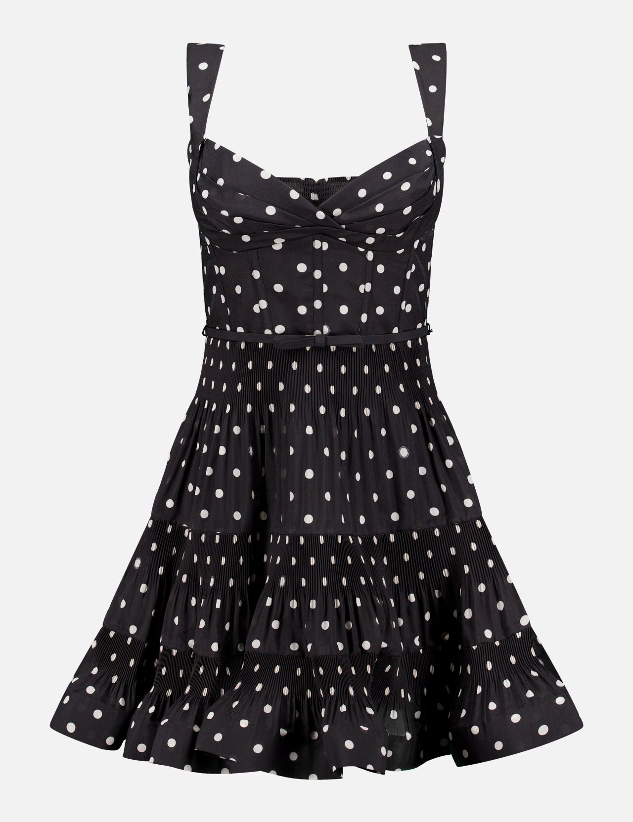 The ZIMMERMANN Pleated Draped Mini Dress features a fitted bodice, sweetheart neckline, and flared tiered skirt with ruffled hem—an ideal party dress for any fun occasion.