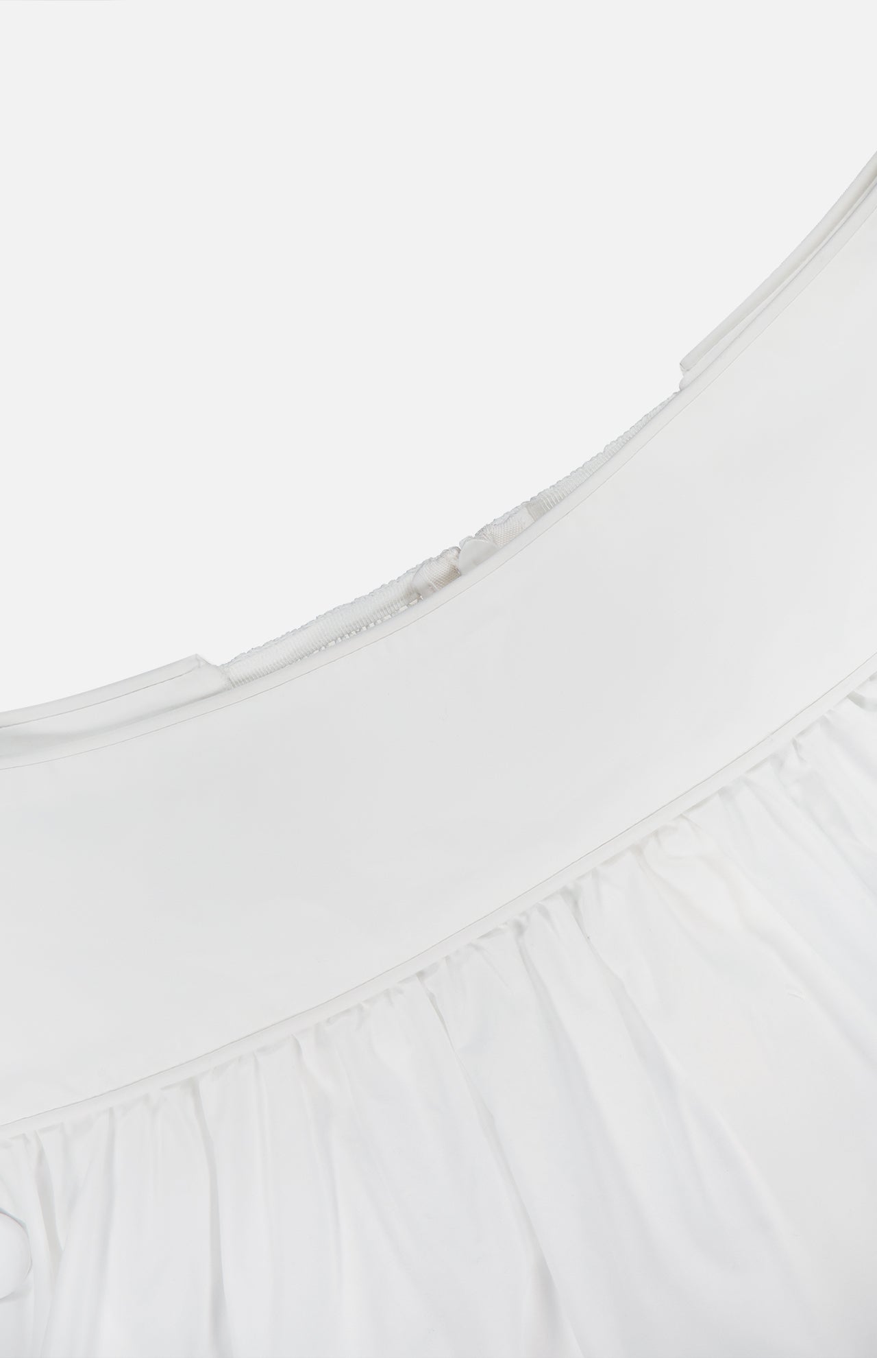 Close-up of the ZIMMERMANN Poplin Flare Midi Skirt in white, showing its wide waistband, gathered fabric, and a visible back zipper. The smooth poplin gives a slight sheen and creates a subtle flared silhouette.