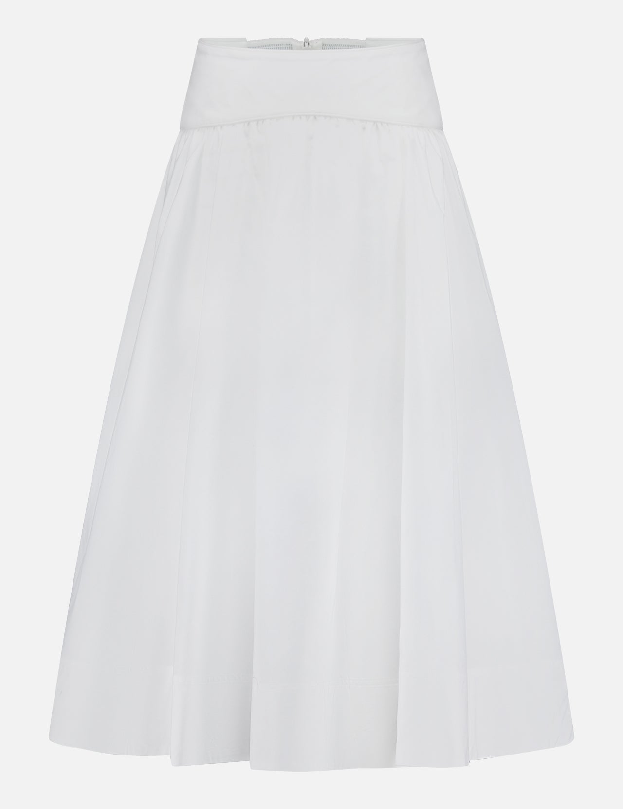 The ZIMMERMANN Poplin Flare Midi Skirt features a pleated flare design and high neoprene waistband in white cotton, shown against a plain white background.