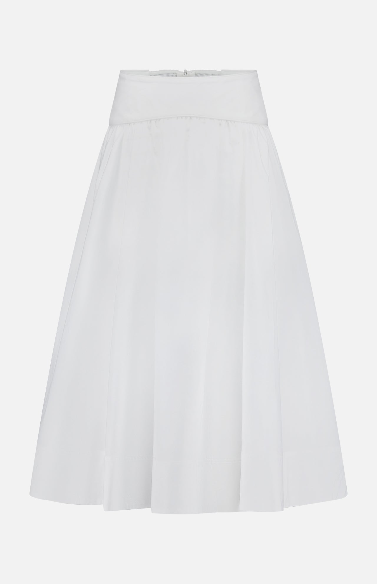 The ZIMMERMANN Poplin Flare Midi Skirt features a pleated flare design and high neoprene waistband in white cotton, shown against a plain white background.