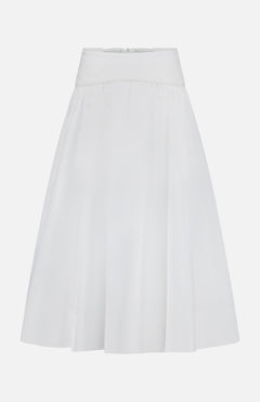 The ZIMMERMANN Poplin Flare Midi Skirt features a pleated flare design and high neoprene waistband in white cotton, shown against a plain white background.