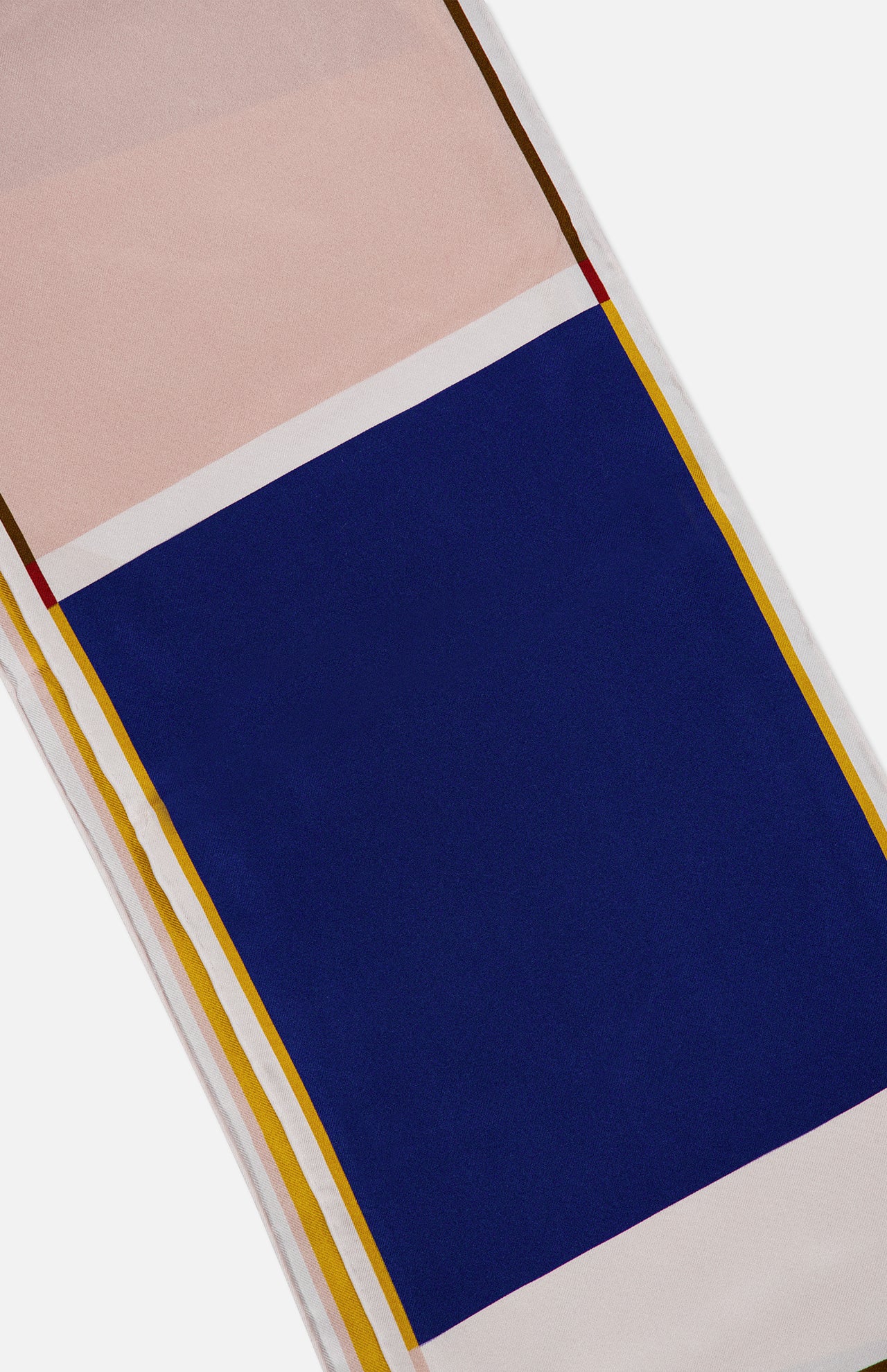 Zimmermann Printed Silk Neck Scarf featuring a color-blocked geometric print of pink, white, and a large deep blue center, accented by thin yellow and brown stripes.