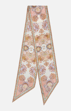 Zimmermann Printed Silk Neck Scarf, a long, narrow silk scarf featuring a colorful floral paisley print and a central monogram letter Z.