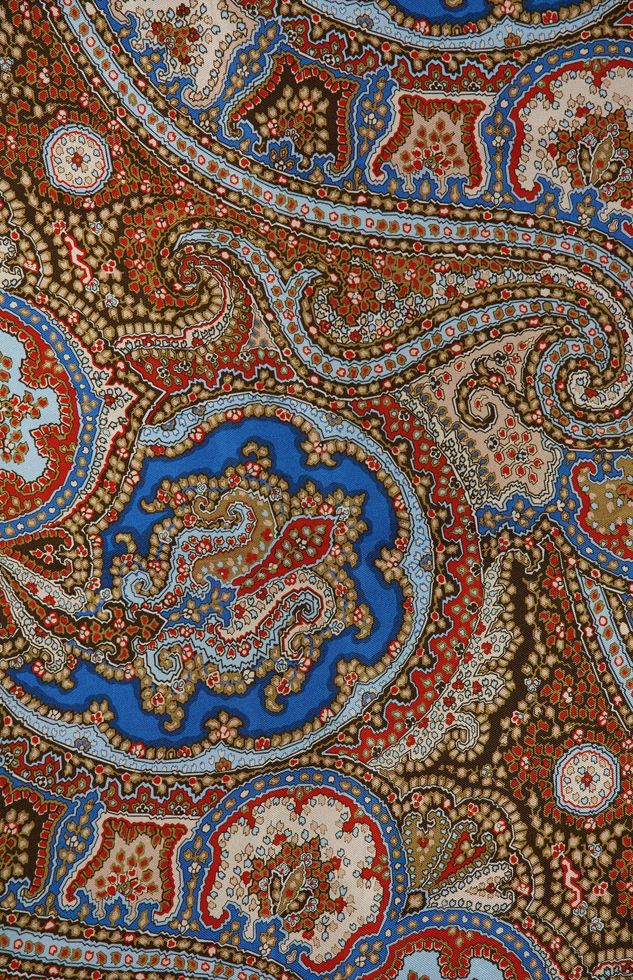 Zimmermann Printed Silk Square 70 Scarf featuring an intricate blue, red, brown, and tan paisley print.